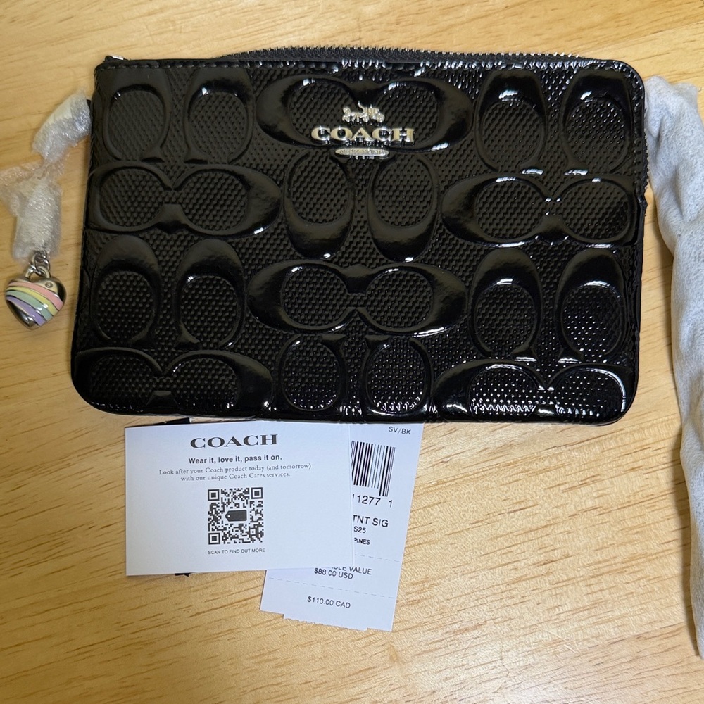Coach Black Patent Signature Zip Wristlet with Heart Stripes Charm